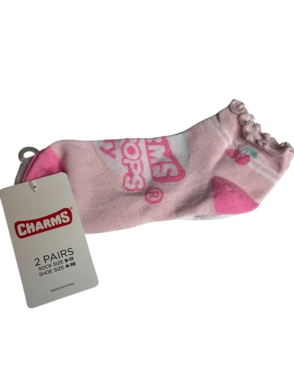 Charms Cherry Blow Pop 2 Pair Low Cut Ankle Socks Womens 4-10 Pink NWT